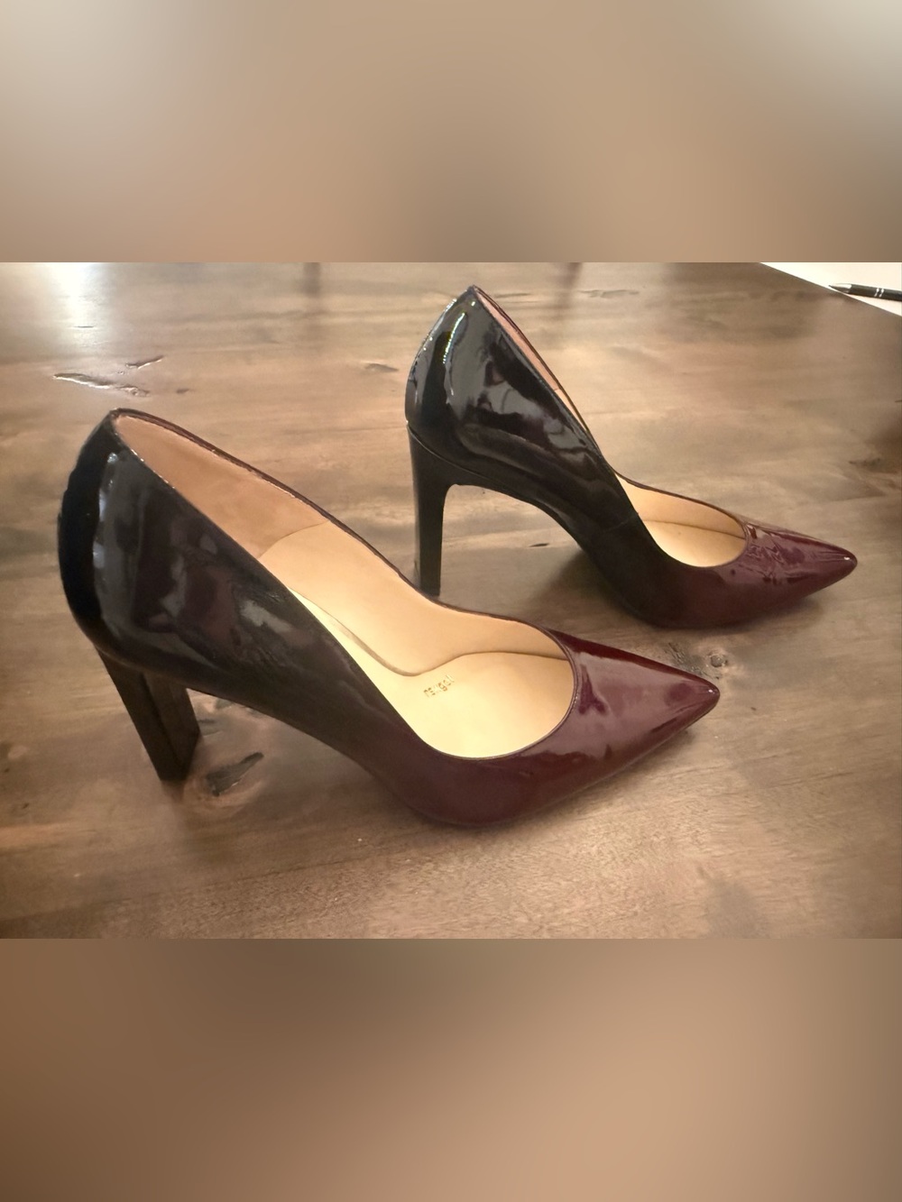 Two-Tone Patent Pointed-Toe Pumps in Burgundy and Black